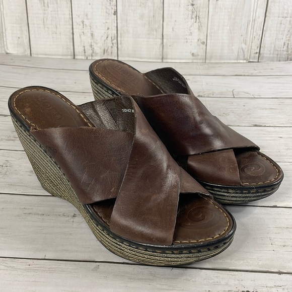 BORN Criss Cross Expresso Brown Leather Wedge Sandals - Picture 1 of 15
